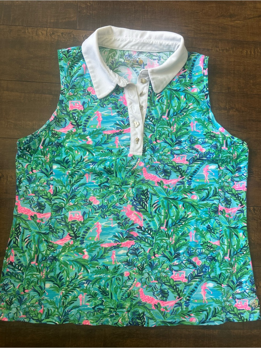 Lilly Pulitzer Green & Pink Tropical Sleeveless Polo Top